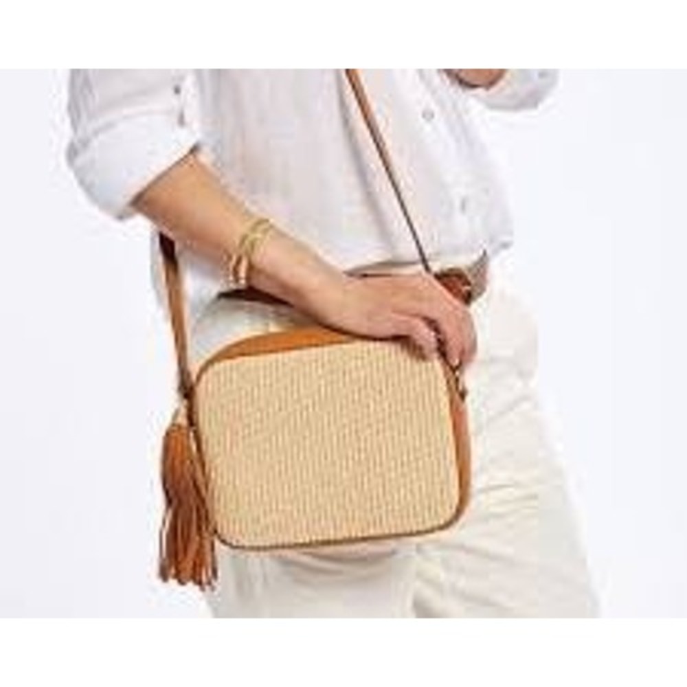 Mark & Graham Woven Straw and Cognac Pebbled Leather Fringe Tassel Crossbody Bag